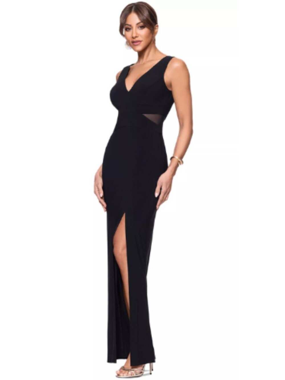 Xscape Black Jersey Gown Floor Length Mesh Insert Evening Dress Size 8, 12 NWT